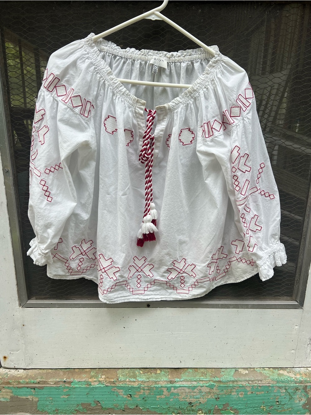 Embroidered Peasant Blouse with Tassel Tie - White with Red Stitching